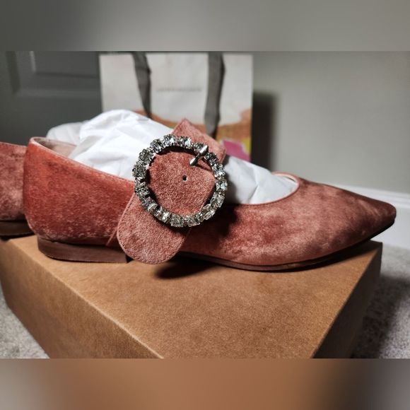 LikeNew w/Box Anthropologie Mary Jane Embellished Buckle Flats || Taupe Size 6.5 - Picture 7 of 11